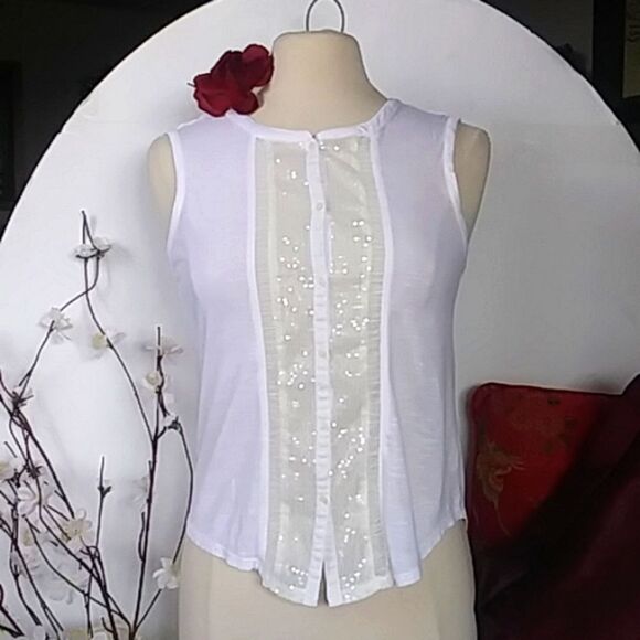 American Eagle Outfitters Tops - American Eagle Sequin Button Down Sleeveless Blouse w/ Sheer Ruching Siz…